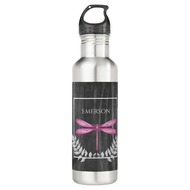 Magenta Dragonfly Rustikal Personalisiert Edelstahlflasche (Vorderseite)