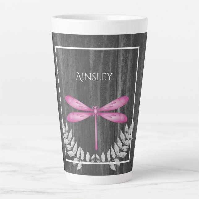 Magenta Dragonfly Rustikale Personalisierte Latte  Milchtasse (Vorderseite)