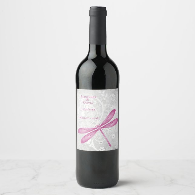 Magenta Dragonfly Wedding Wine Label Weinetikett (Vorderseite)