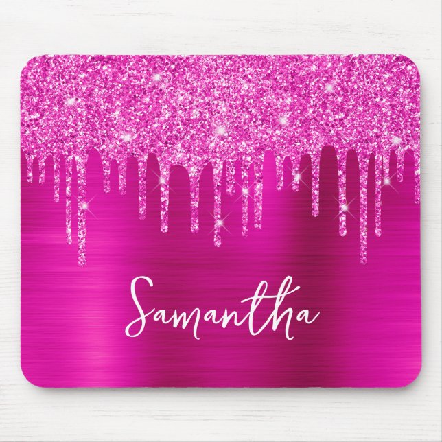 Magenta Dripping Glitzer Glam Name Mousepad (Vorne)
