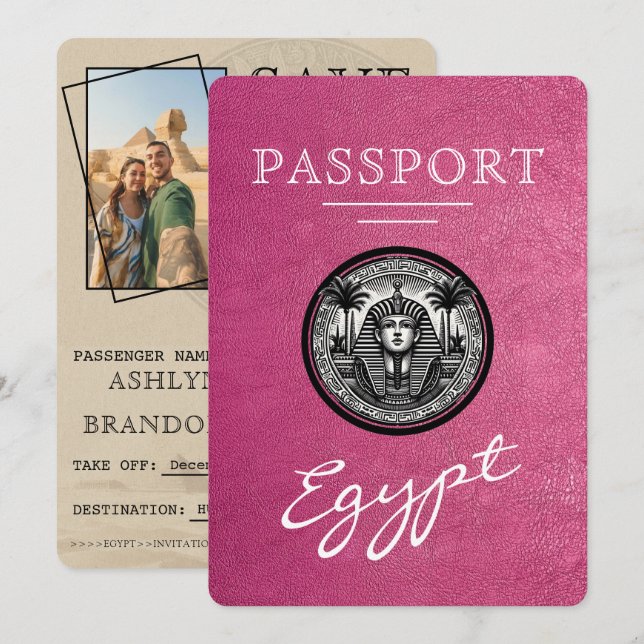 Magenta Egypt Passport Wedding Save the Date (Vorne/Hinten)