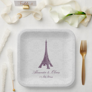 Magenta Eiffel Tower Damask Hochzeitsdusche Pappteller