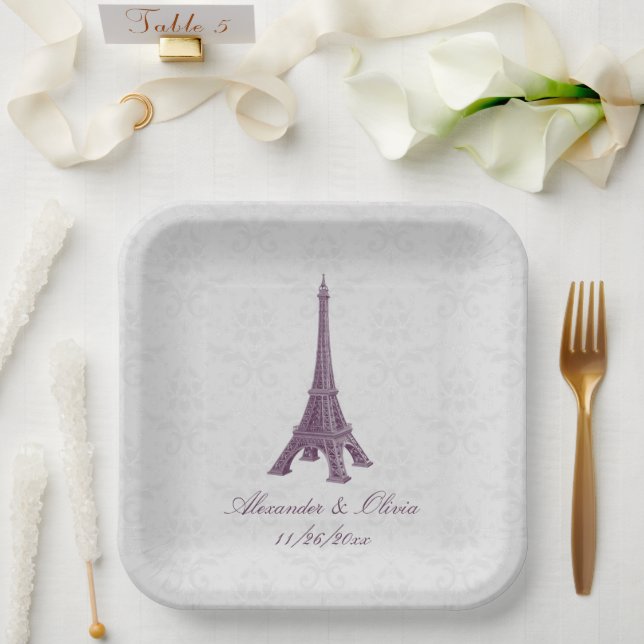 Magenta Eiffel Tower Damask Hochzeitsdusche Pappteller (Hochzeit)
