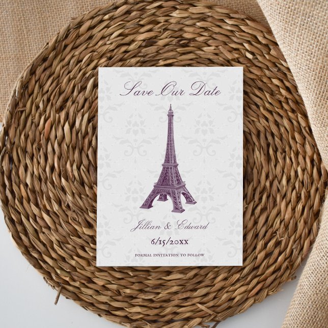 Magenta Eiffel Tower Damask Save the Date Ankündigung (Magenta Eiffel Tower Damask Save the Date)