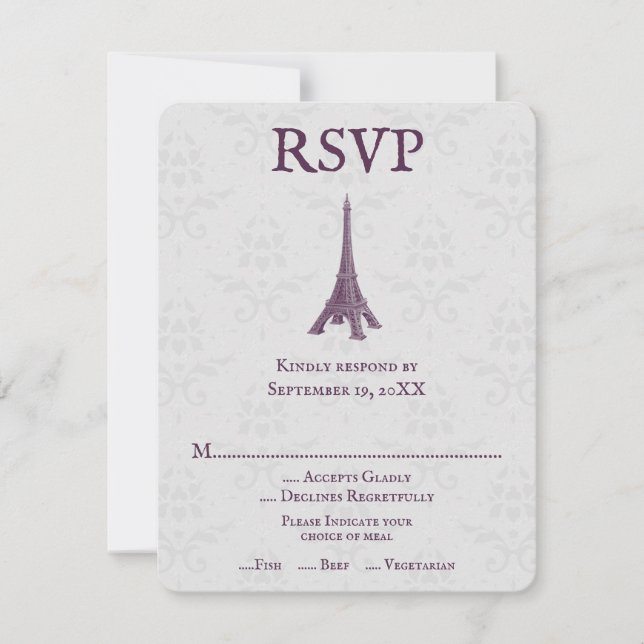 Magenta Eiffel Tower Damask Wedding RSVP Card Karte (Vorderseite)