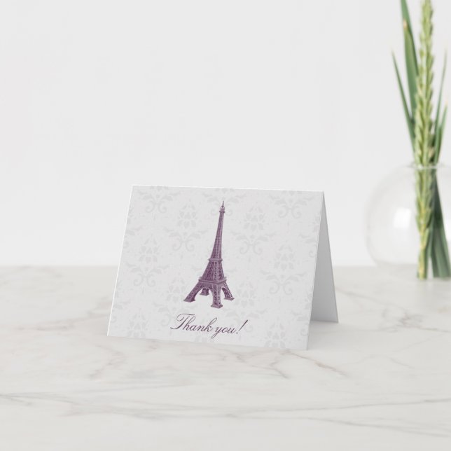Magenta Eiffel Tower Damask Wedding Vielen Dank Dankeskarte (Vorderseite)