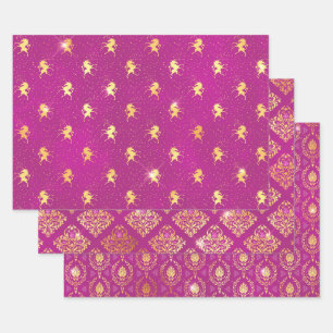 Magenta Einhorn & Gold Damast Muster Geschenkpapier Set