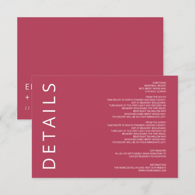 Magenta Elegante Moderne Minimalistische Hochzeit Begleitkarte (Vorne/Hinten)