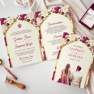 Magenta Elfenbein Blumen Sikh-Hochzeit Overall Einladung
