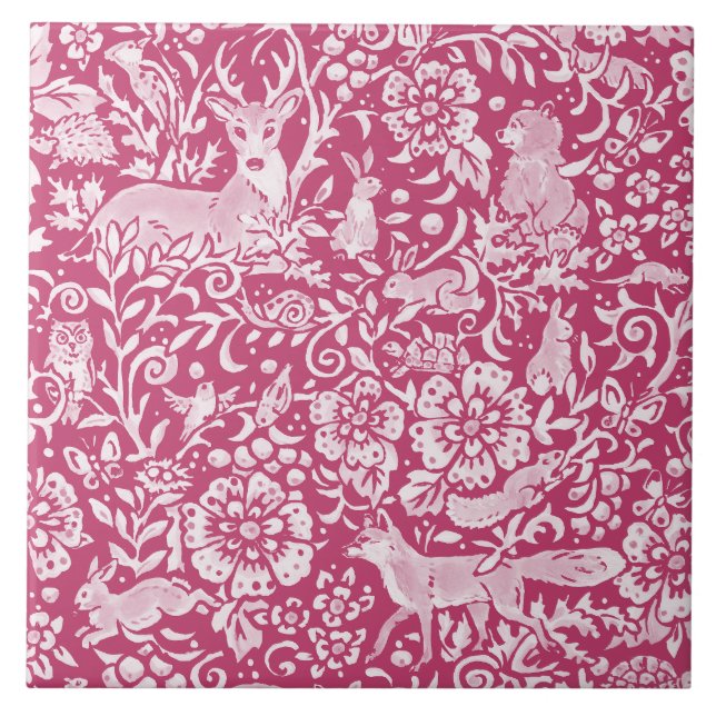 Magenta Fantasy Forest Tierwald Natur Fliese (Vorderseite)
