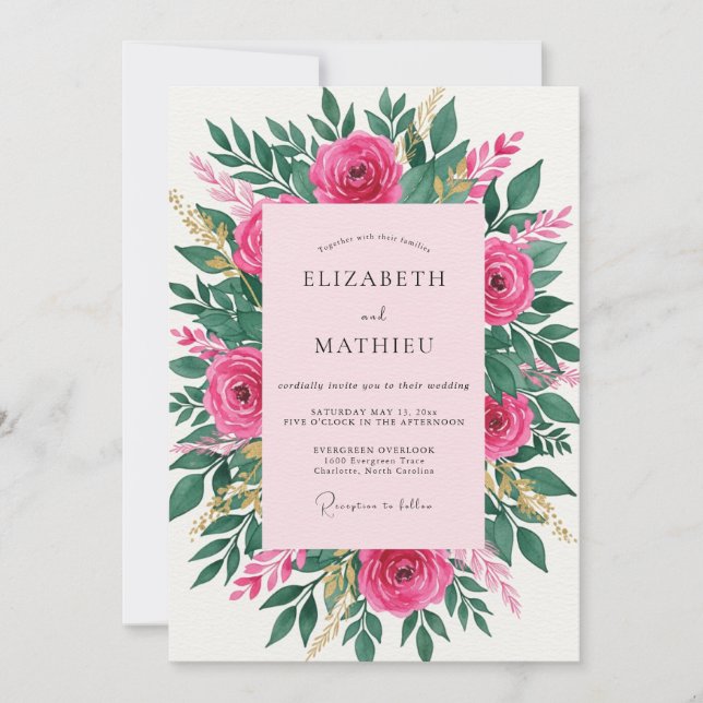 Magenta faszinierende Frühlingsblumen-Hochzeit Einladung (Vorderseite)