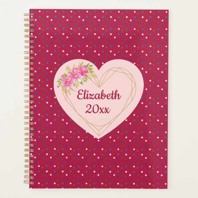Magenta Floral Golden Heart Personalized Planner Planer (Vorderseite)