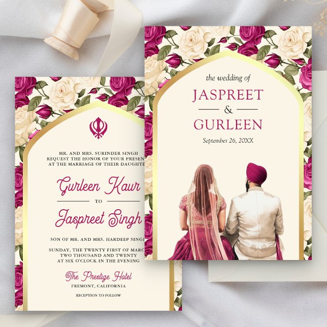 Magenta Floral Punjabi Anand Karaj Sikh Wedding Einladung (Von Creator hochgeladen)