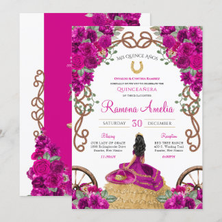 Magenta Fuchsia Hot Pink Floral Charro Quinceañera Einladung