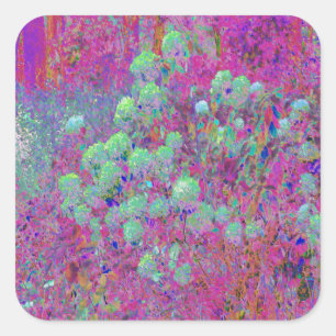 Magenta Garden mit Aqua Hydrangea Blume Quadratischer Aufkleber