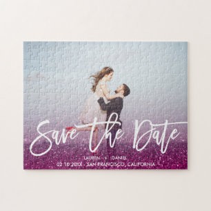 MAGENTA Glitter Script Foto wedding save the date Puzzle