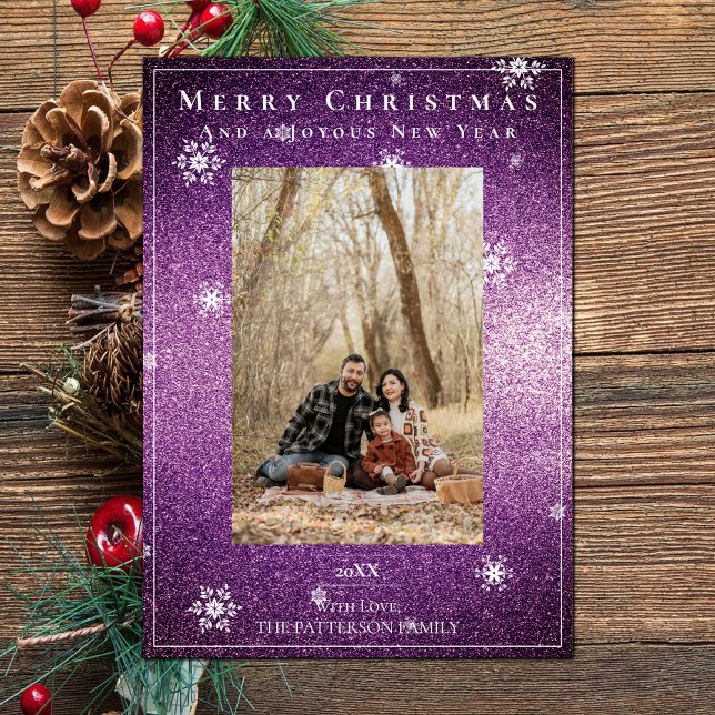 Magenta Glitzer Snowflakes Holiday Foto Karte (Magenta Glitter Snowflakes Holiday Photo Card)