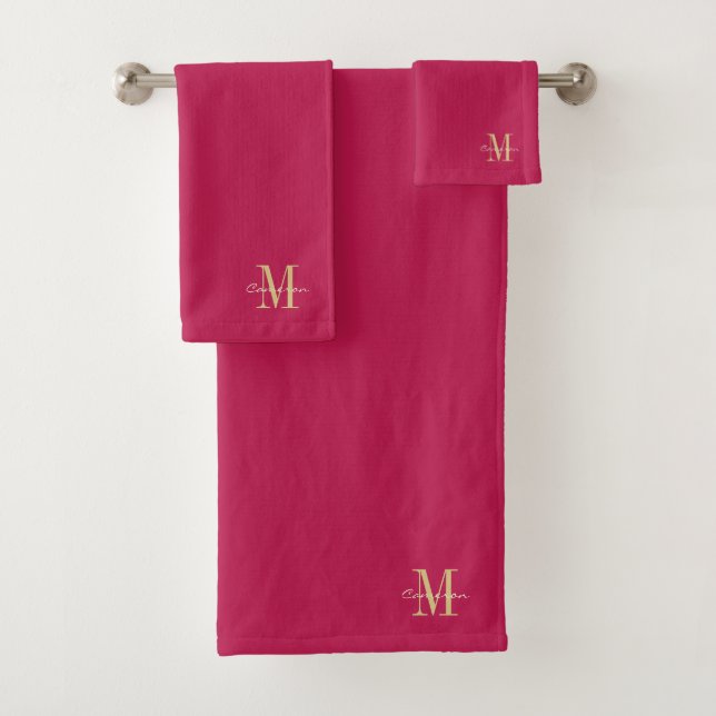 Magenta Gold Initial und Name Personalisiert Badhandtuch Set (Insitu)
