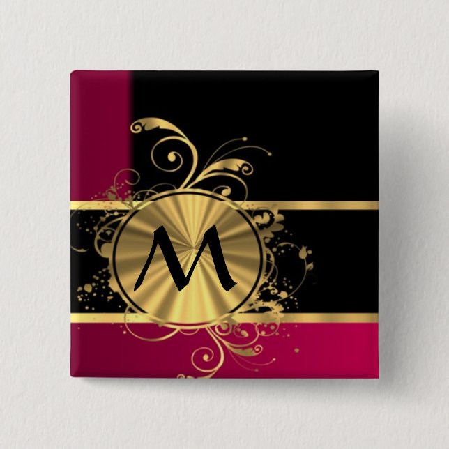 Magenta, Gold und schwarze Monogramm Button (Vorderseite)