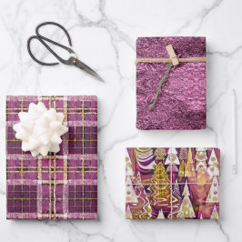 Magenta Gold Weihnachtsmuster #7#25#32 ID1009 Geschenkpapier Set