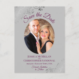 Magenta & Gray Lace Wedding Speichern Sie das Date Ankündigungspostkarte