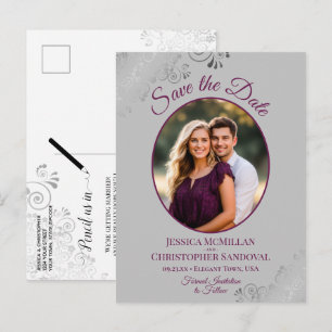 Magenta & Gray Lacy Hochzeit Save the Date Foto Ankündigungspostkarte