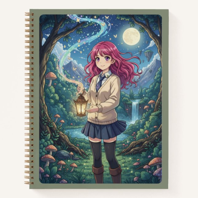 Magenta Hair Anime Girl & Enchanted Forest Lantern Notizbuch (Vorderseite)