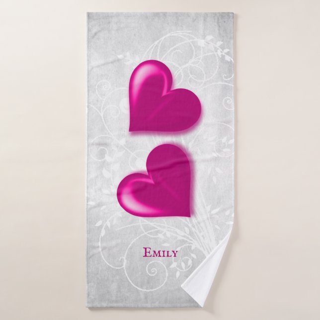 Magenta Hearts Personalisiert Bath Handtuch Set (Badehandtuch)
