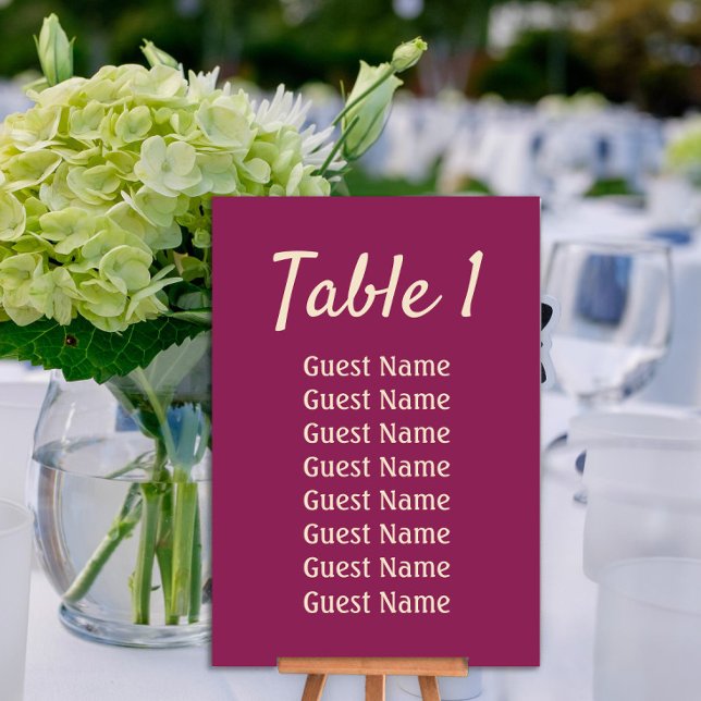 Magenta Hochzeitsempfang  Tischnummer (Magenta wedding table number with guest list.)