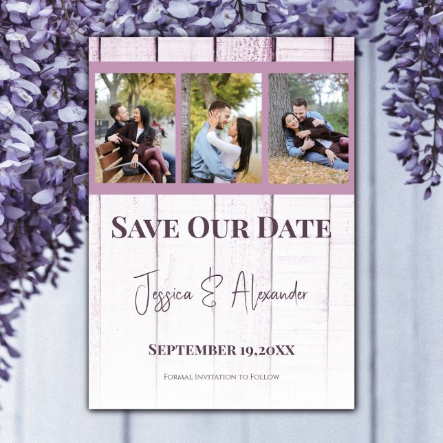Magenta HolzfotoCollage Save the Date (Magenta Wooden Photo Collage Save the Date)