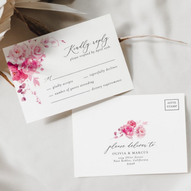 Magenta Hot Pink Floral Elegante Wedding RSVP Card (Front/Back)