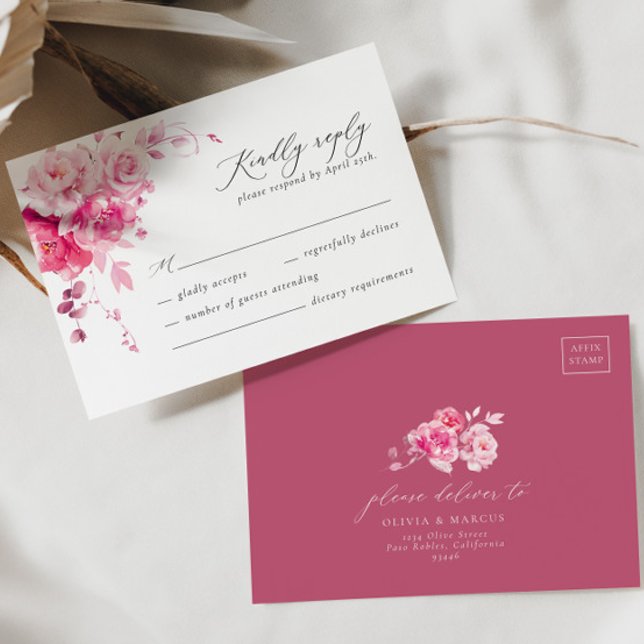 Magenta Hot Pink Floral Elegante Wedding RSVP Card Karte (Front/Back)