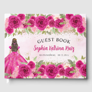 Magenta Hot Pink Gold Floral Prinzessin Quinceañer Gästebuch
