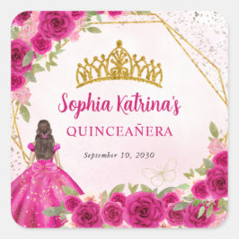 Magenta Hot Pink Gold Floral Prinzessin Tiara Gefa Quadratischer Aufkleber