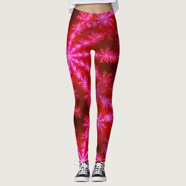 Magenta Hot Pink Psychedelic Mandelbrot Fraktal Leggings (Vorderseite)