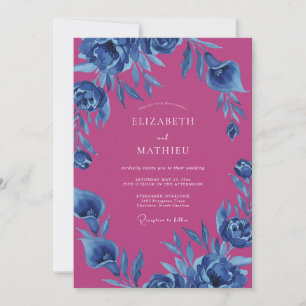 Magenta Indigo Blütenhochzeit Einladung