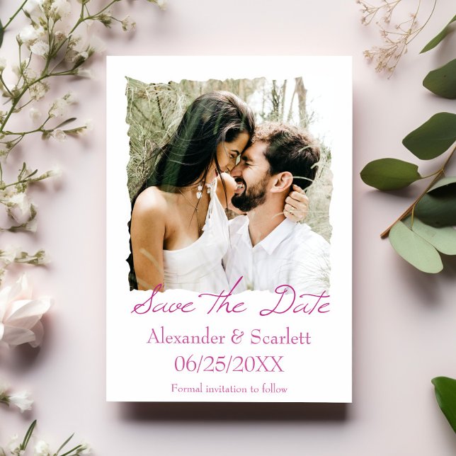 Magenta Jagged Frame Foto Save the Date Ankündigung (Magenta Jagged Frame Photo Save the Date)