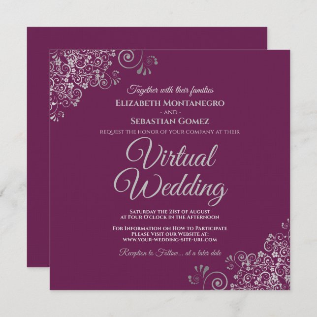 Magenta & Lacy Silver Elegantes Virtual Wedding Einladung (Vorne/Hinten)