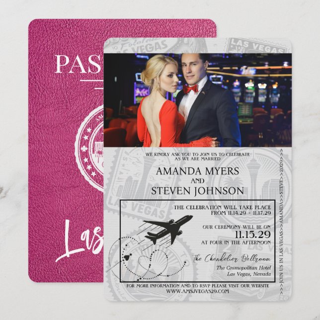 Magenta Las Vegas Passport Wedding Einladung (Vorne/Hinten)