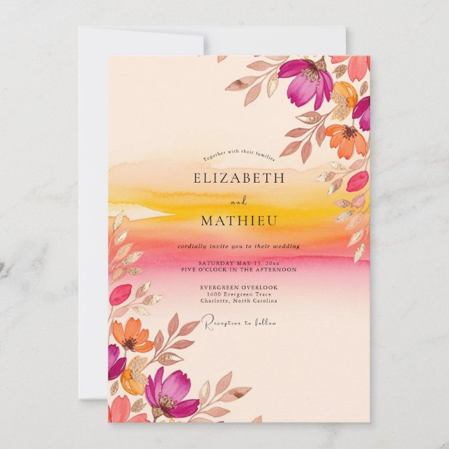 Magenta Lebendige Sonnenuntergangs-Hochzeit Einladung (Vorderseite)