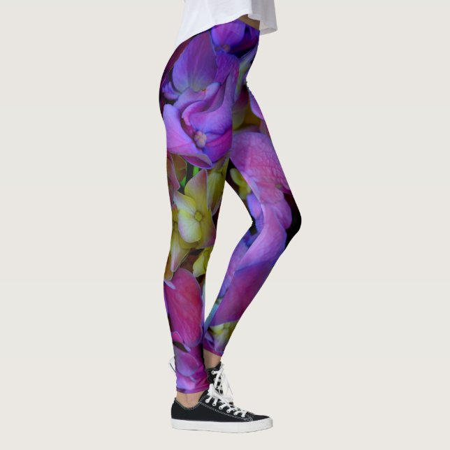 Magenta Lila-blaugelbe Hydrangeas-Blume Leggings (Rechts)