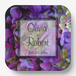 Magenta Lila-blaugelbe Hydrangeas-Blume Pappteller