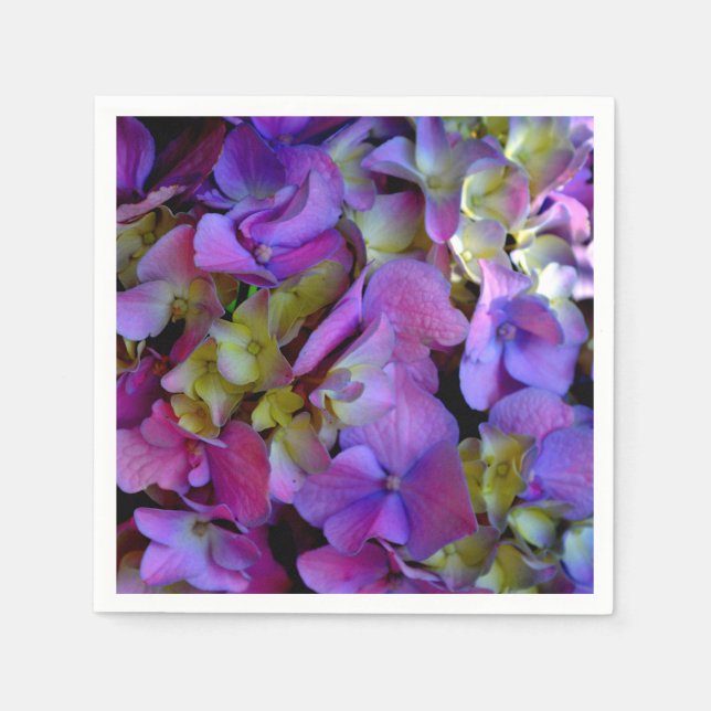 Magenta Lila-blaugelbe Hydrangeas-Blume Serviette (Vorderseite)