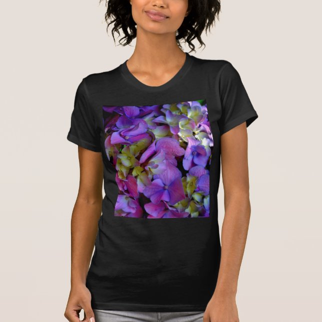 Magenta Lila-blaugelbe Hydrangeas-Blume T-Shirt (Vorderseite)