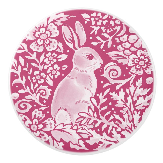 Magenta Lila Bunny Rabbit Woodland Floral Keramikknauf (Vorderseite)