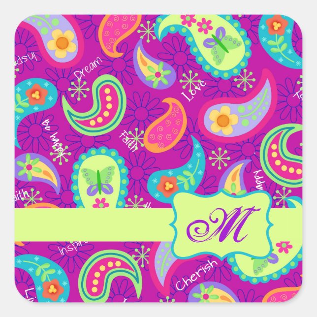 Magenta Lila Green Modern Paisley Monogram Quadratischer Aufkleber (Vorderseite)