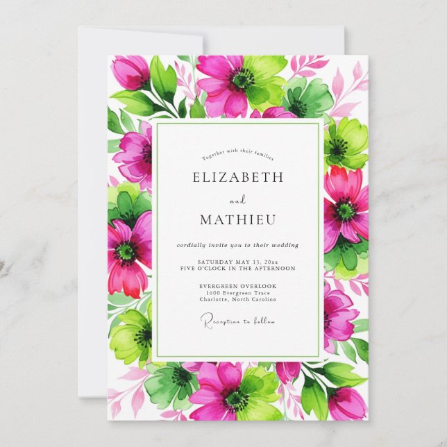 Magenta Lime Vivid Botanical Wedding Einladung (Vorderseite)