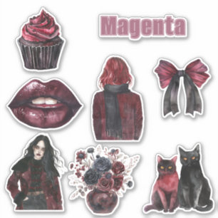 Magenta Lippen Katzen Blumen Schleife Aufkleber