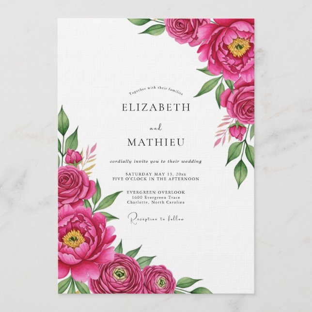 Magenta Lush Painterly Bloom Wedding Einladung (Vorderseite)