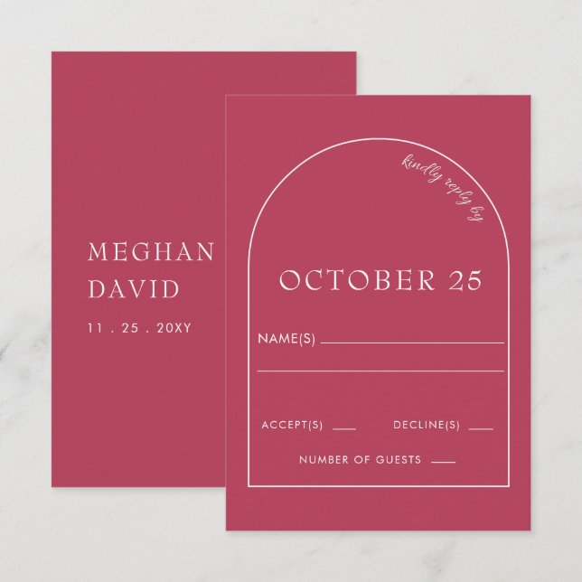 Magenta Minimalistisch Modern Arch Wedding RSVP Karte (Vorne/Hinten)